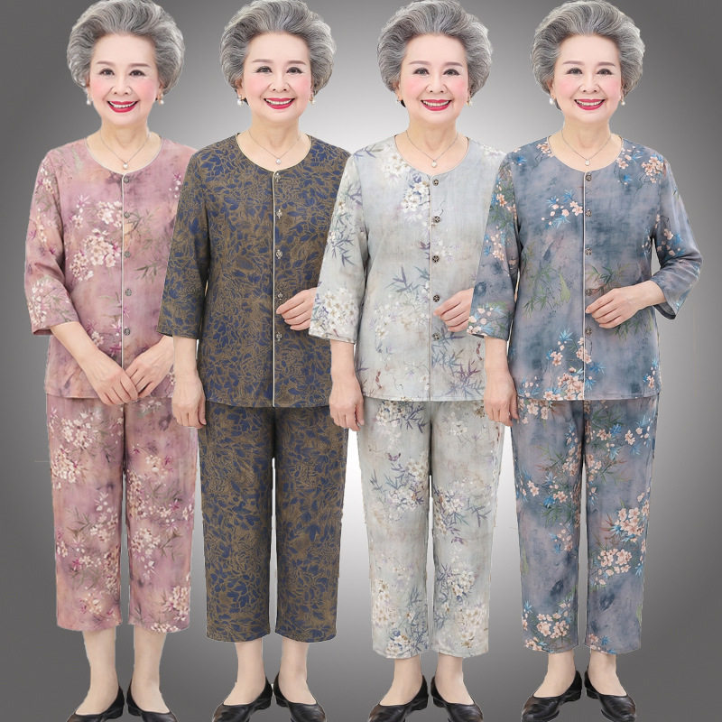 夏季老年人棉绸女套装居