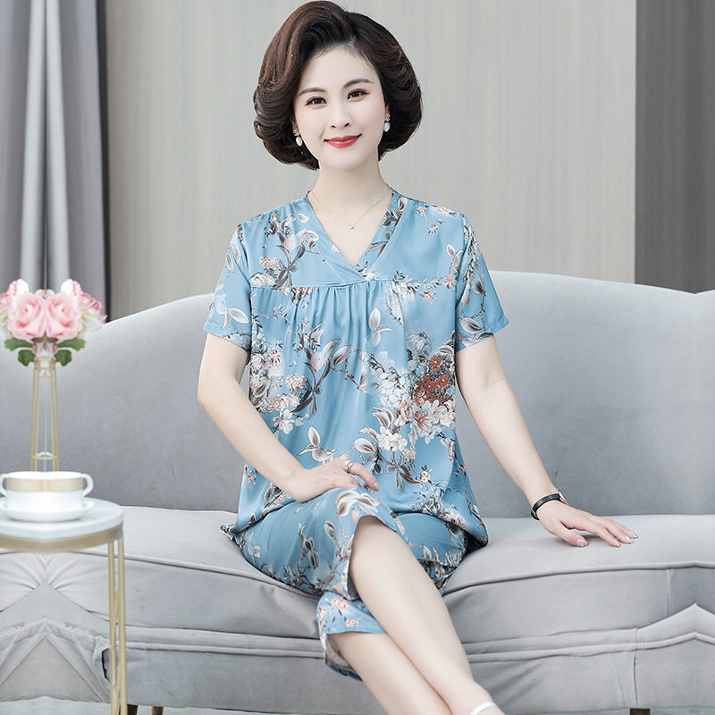 中年妈妈睡衣短袖薄款夏