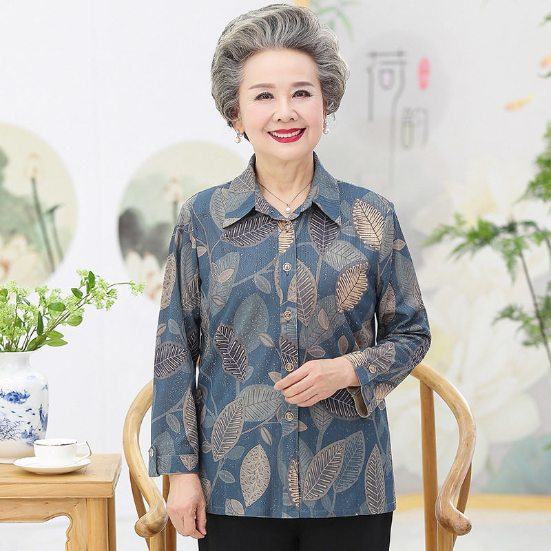 中老年人夏装女长袖衬衫