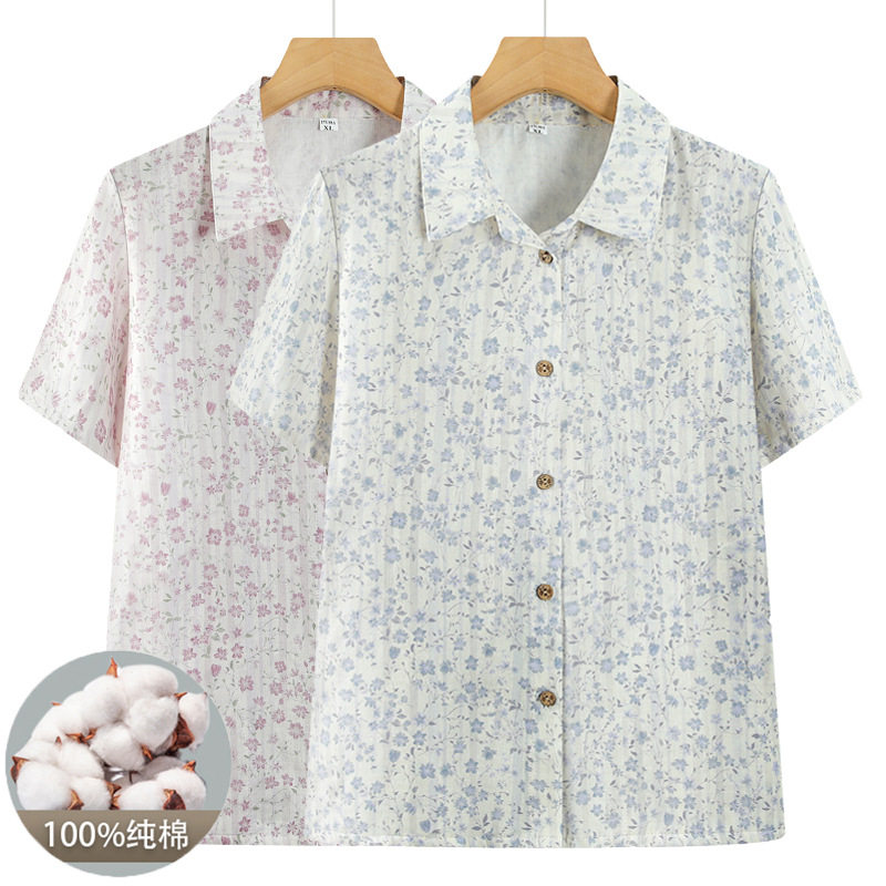 中老年人夏装纯棉衬衫女