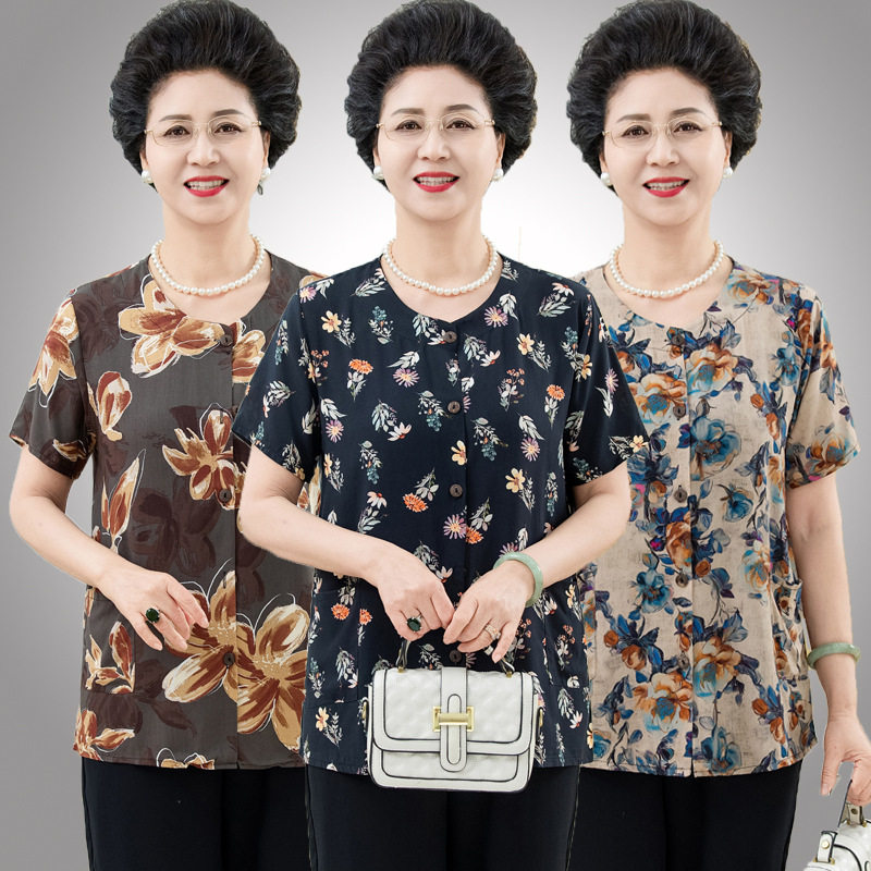 中老年人女装棉绸衬衫夏