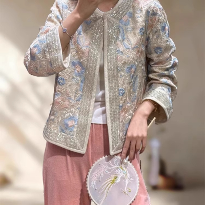 梵熹 新中式桑蚕丝100%重工刺绣提花短外套女圆领真丝国风上衣