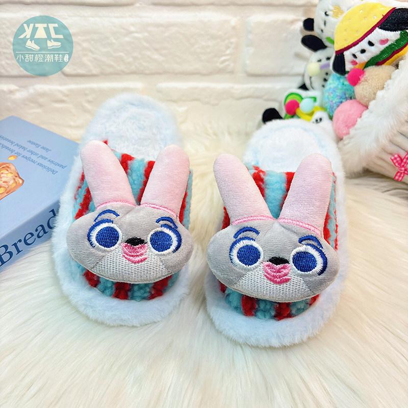 女童可爱兔子警官拖鞋幼儿童包头毛绒保暖棉拖鞋冬季宝宝小孩鞋子