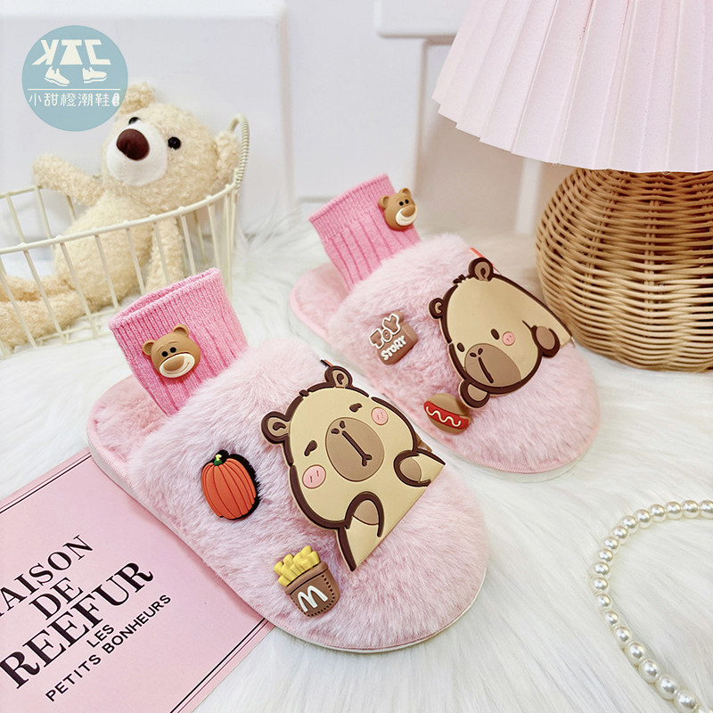 女童粉色棉拖鞋幼儿童公主棉鞋家居拖鞋毛绒可爱防滑新款鞋子外穿