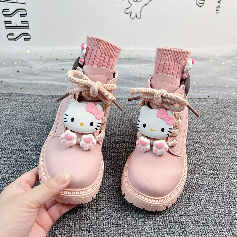 粉色猫咪女童公主靴卡通风马丁靴