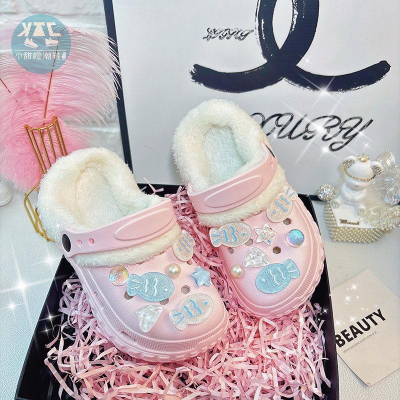 女童新款软底防滑粉色加绒洞洞鞋