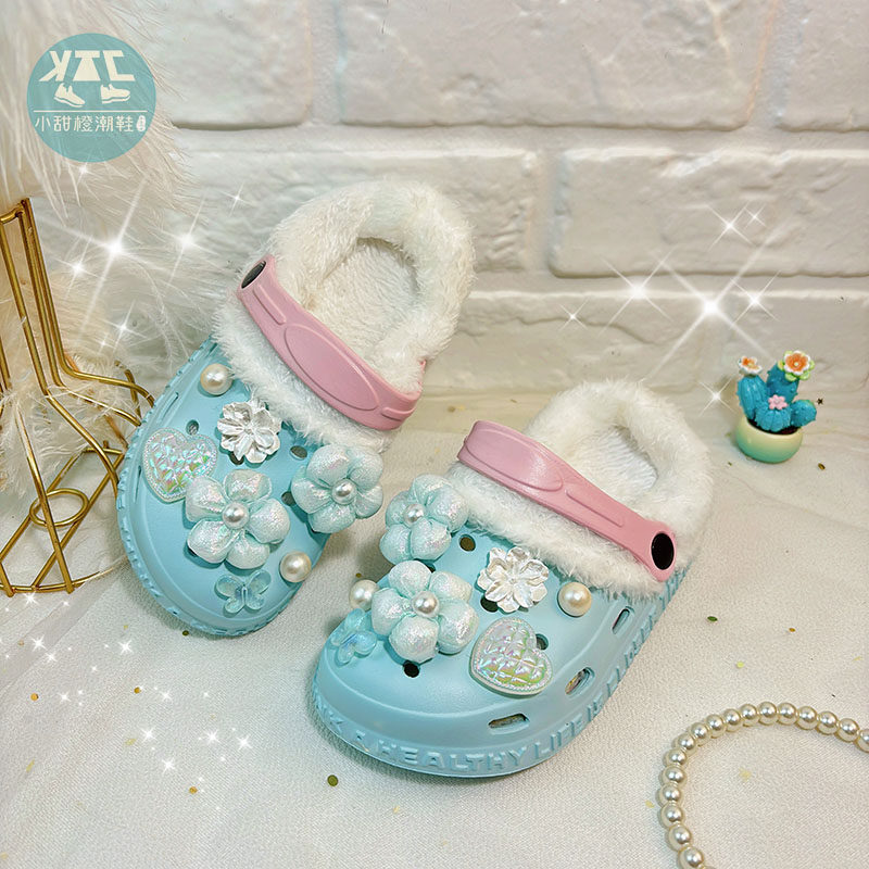 女童宝宝花朵加绒包头洞洞鞋加厚软底防滑毛毛拖鞋家居室内秋冬款