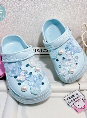 蓝色透明蝴蝶洞洞鞋2025新款夏季外穿网红高级女童凉拖鞋多巴胺风