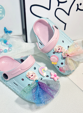 2025新款蓝色莎公主超火儿童洞洞鞋云朵外穿旅游女童拖鞋夏季防滑