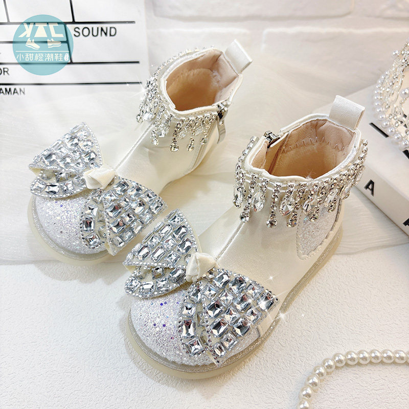 新款水钻靴子儿童鞋子女童马丁靴2026春季秋冬款冬季加绒洋气短靴