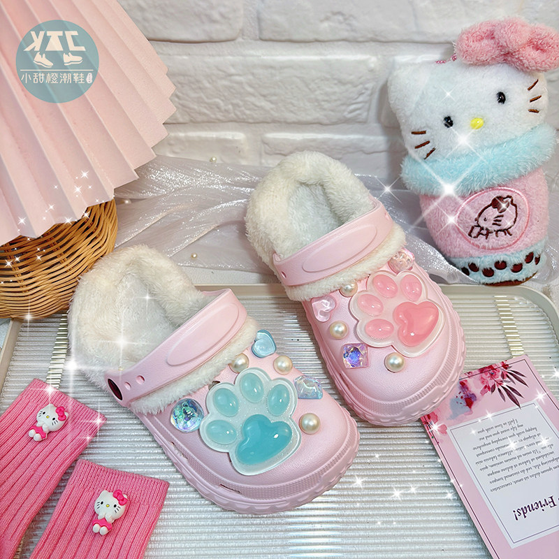 女童加绒棉拖鞋女款高颜值儿童中大童洞洞鞋防滑外穿2025新款超火