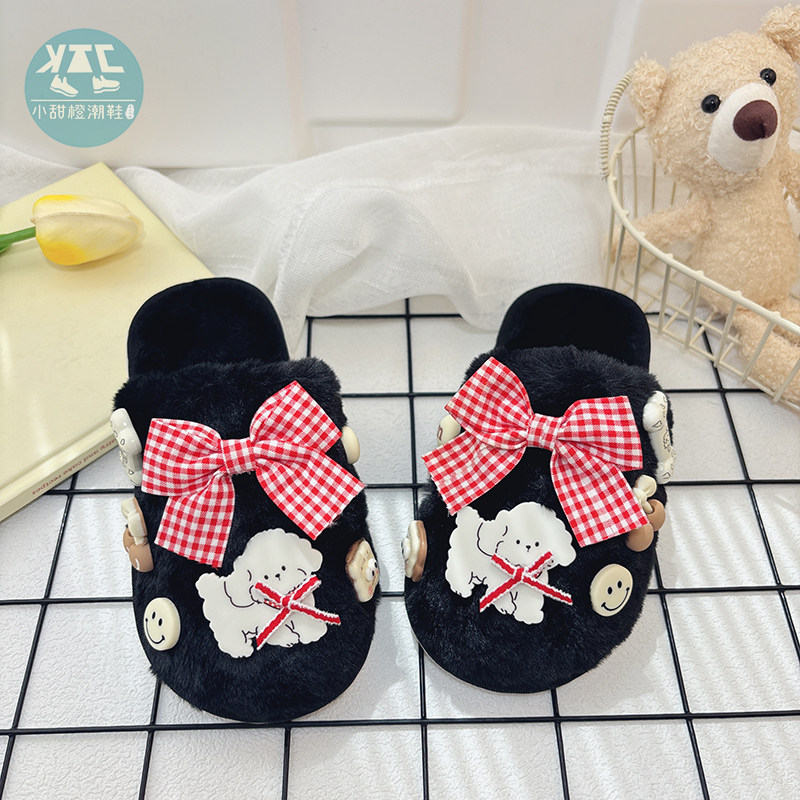 女童黑色毛绒棉拖鞋冬季儿童宝宝室内家居外穿家用2025年秋冬新款