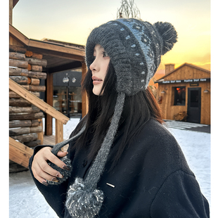 东北雪乡穿搭防寒护耳帽女冬季提花针织复古费尔岛针织帽加厚防风