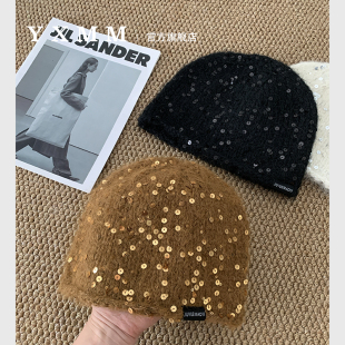 韩系ins博主同款马海毛针织帽女秋冬保暖毛线帽亮片氛围感冷帽潮