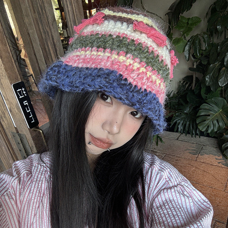 洋气感up~秋冬手工针织渔夫帽女个性条纹蝴蝶结保暖护耳毛线帽潮