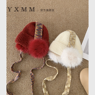 韩系大头围毛线帽女显脸小秋冬加厚耳罩针织帽户外滑雪防寒骑车帽