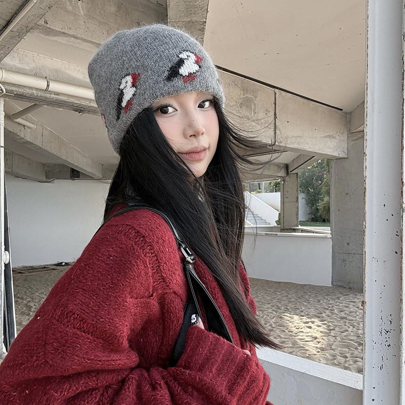 日系街头感双层兔毛针织包头帽女冬季小头围护耳保暖企鹅针织冷帽