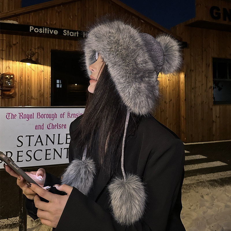 仿皮草毛绒纯色针织帽女冬季防寒滑雪雷锋帽抗寒东北护耳毛线帽潮