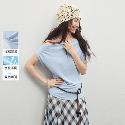 【露露酱NN~】斜肩领/荡领腰侧捏褶显瘦弹力针织短袖T恤161TA4924