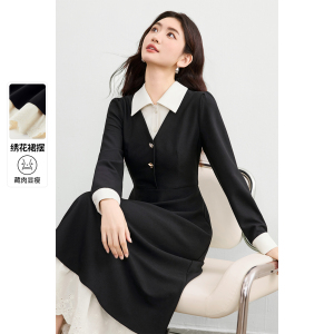 【拼接连衣裙】都市拼接设计衬衣翻领拼接袖口绣花裙摆收腰伞裙