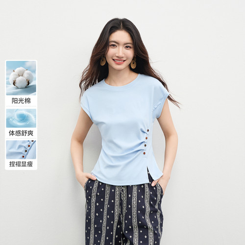 【露露酱NN~】简约圆领撞色扣捏褶修身显瘦短袖针织T恤162TA5641