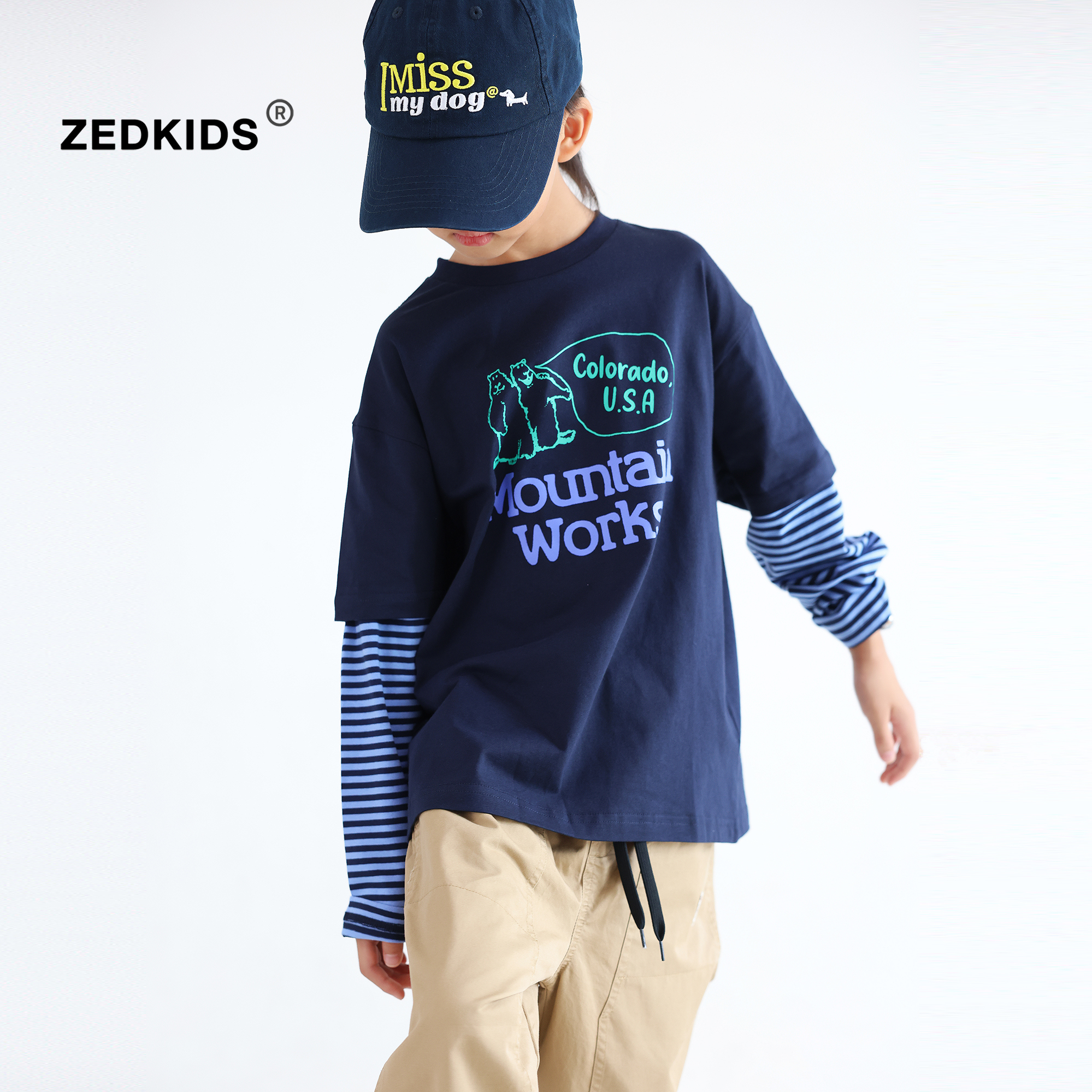 张恩朵童装2025秋季新款男童假两件长袖T恤纯棉针织套头打底上衣