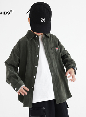 男童长袖衬衫春秋外套2026新款帅气男宝宝军绿色灯芯绒超软衬衣