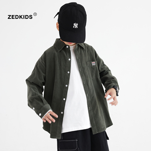 男童长袖衬衫春秋外套2025新款帅气男宝宝军绿色灯芯绒超软衬衣