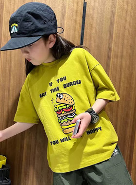 儿童短袖T恤夏季日系男女童姜黄色植绒汉堡印花纯棉半袖夏装上衣
