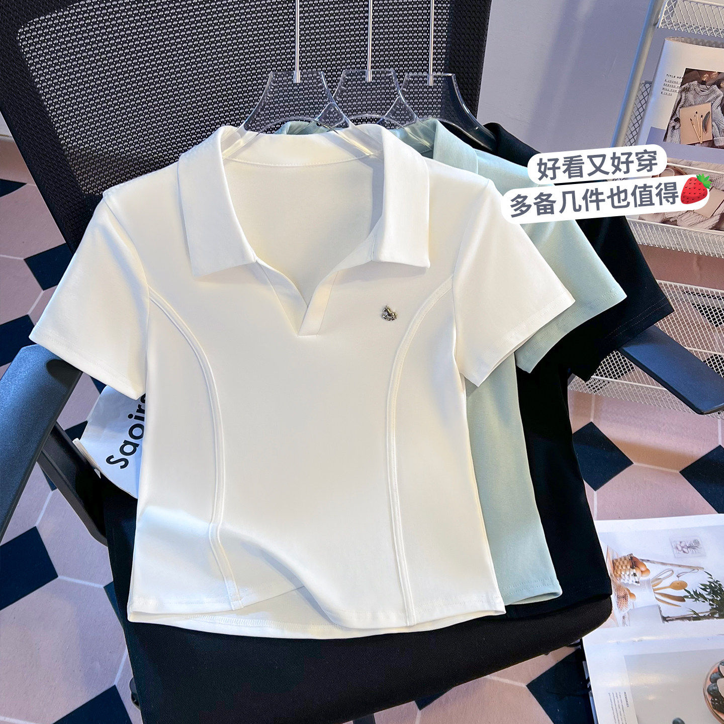 2026夏季新款修身鱼骨线翻领Polo衫女显瘦短款短袖t恤正肩小上衣