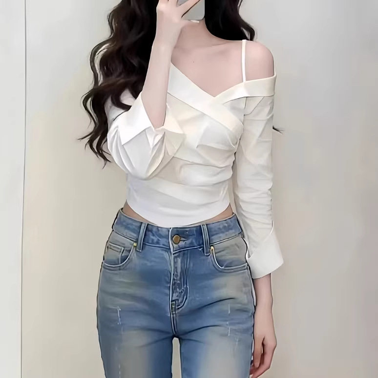 2026春季新款韩系穿搭高级感白色露肩长袖衬衫轻奢减龄洋气上衣女