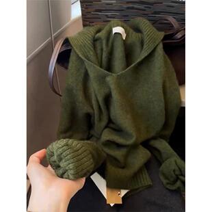 复古绿色毛衣女秋冬内搭新款慵懒高级感宽松套头显瘦针织打底上衣
