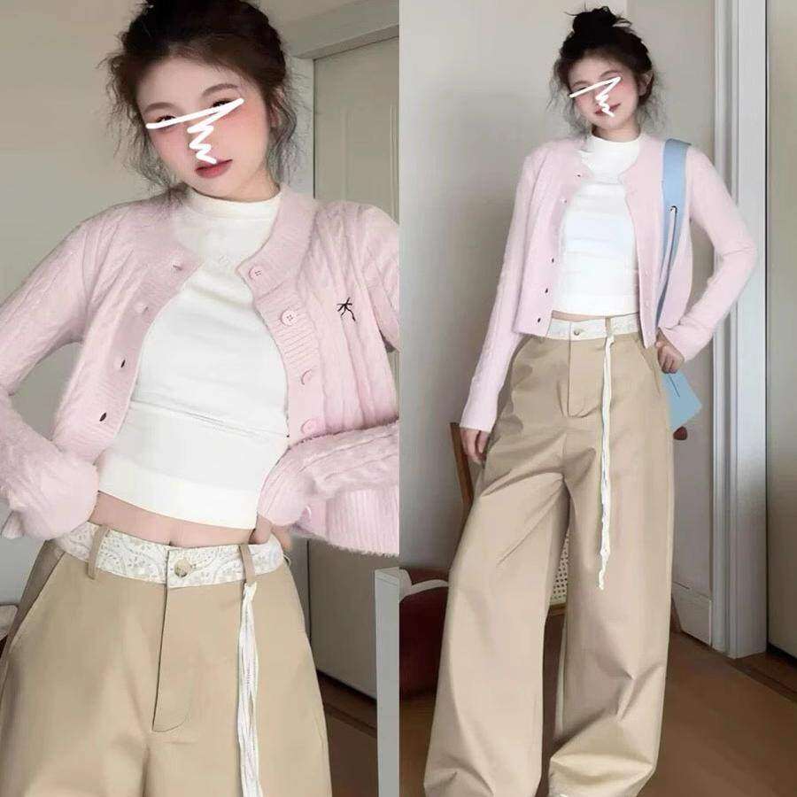 韩系粉色麻花短款毛衣外套女春秋季新款小个子外搭高级感针织开