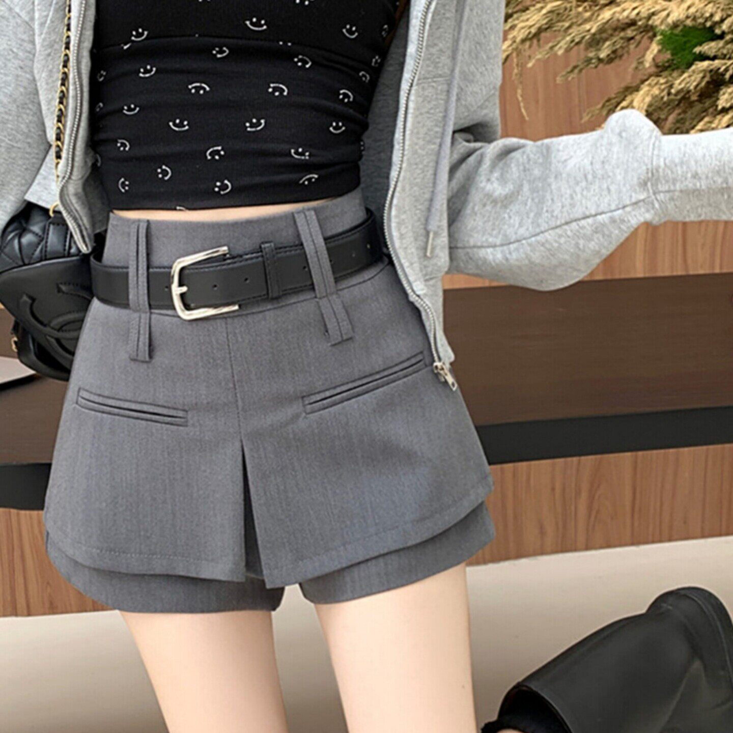 灰色高腰西装裙裤大码休闲小个子阔腿裤假两件半身裙显瘦遮肚短裙