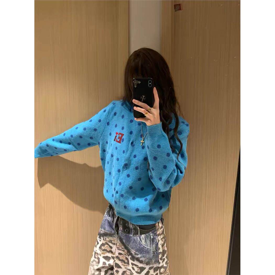 学院风蓝色针织开衫毛衣外套女春秋小个子早春季短款韩系穿搭上衣