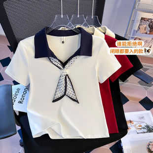 撞色拼接领带短袖t恤女款2026新款夏季质感正肩收腰显瘦短款上衣