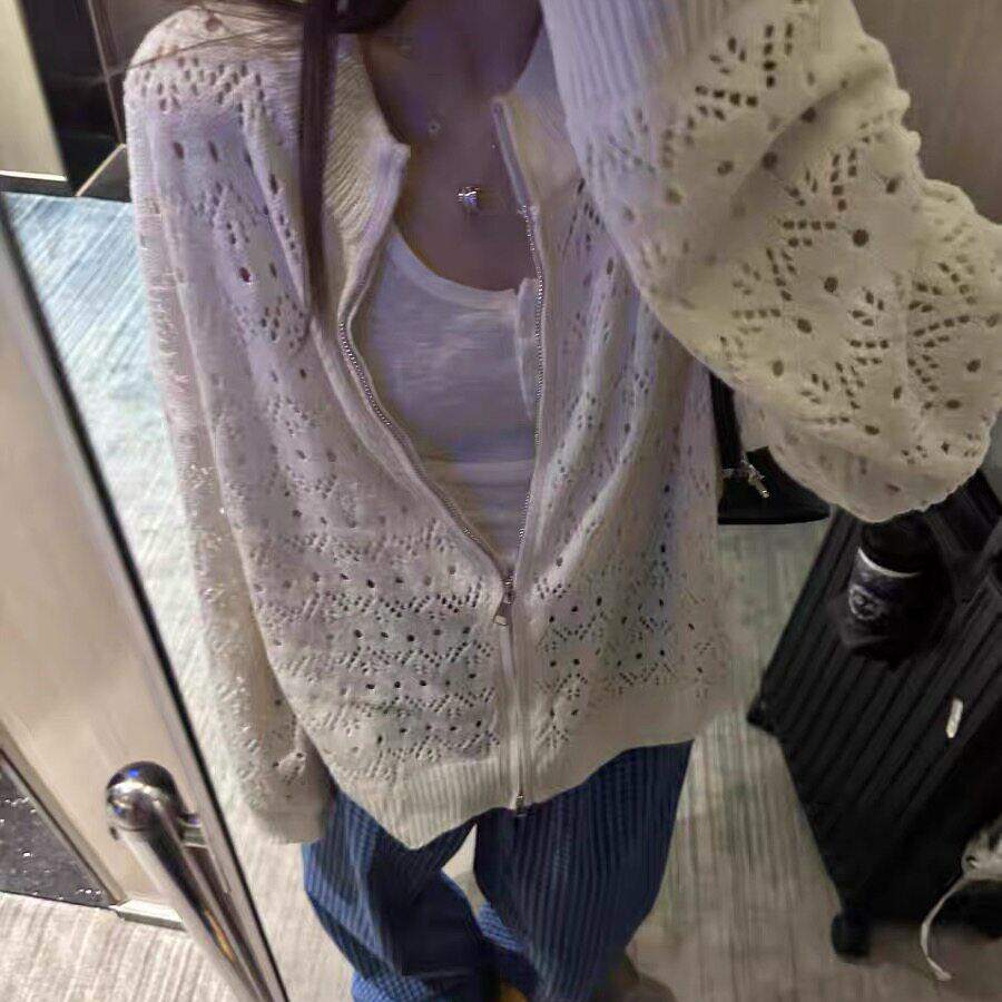 白色勾花镂空中长款针织拉链开衫外套女秋季薄款外搭宽松早秋上衣