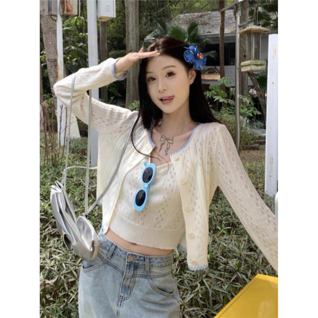 韩系针织开衫配吊带两件套装女新款早秋季毛衣外套设计感上衣穿搭