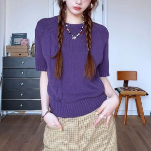 早春巨好看的紫色软糯针织衫毛衣女设计感小众氛围感短袖打底上衣