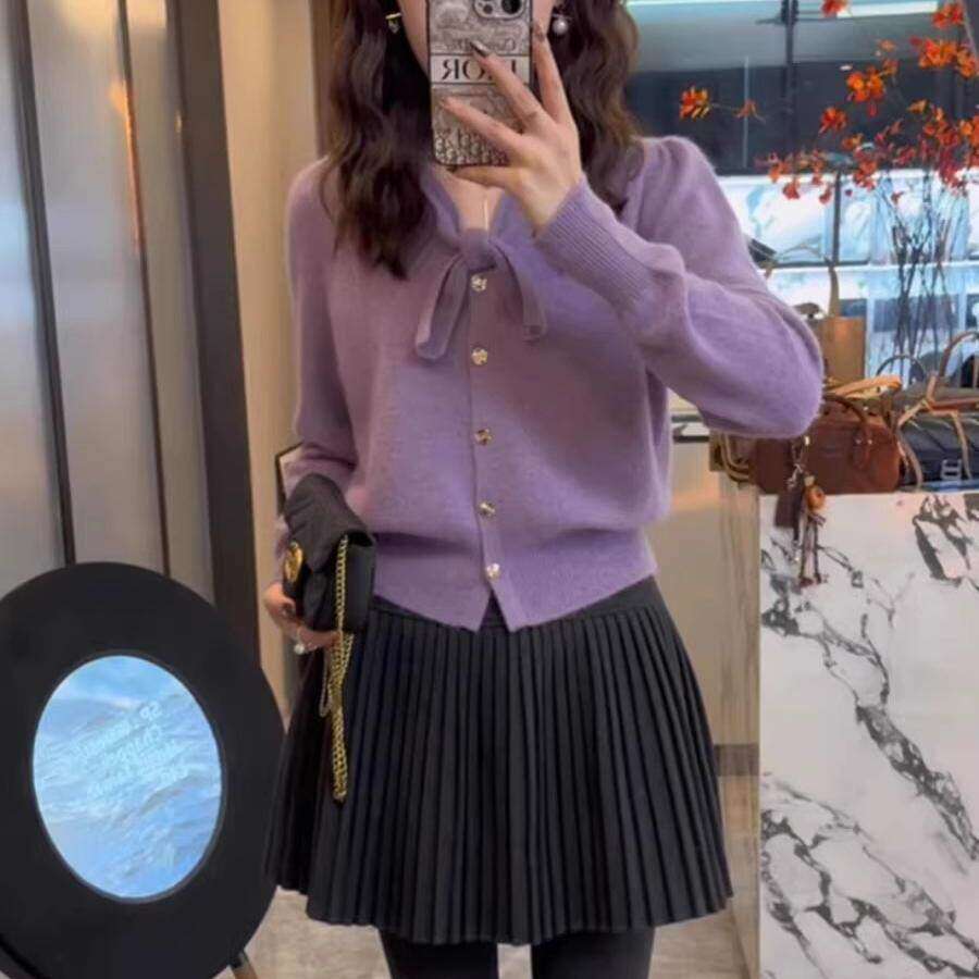 小香风紫色开衫毛衣女款2024新款秋冬季小个子慵懒风短款针织外套