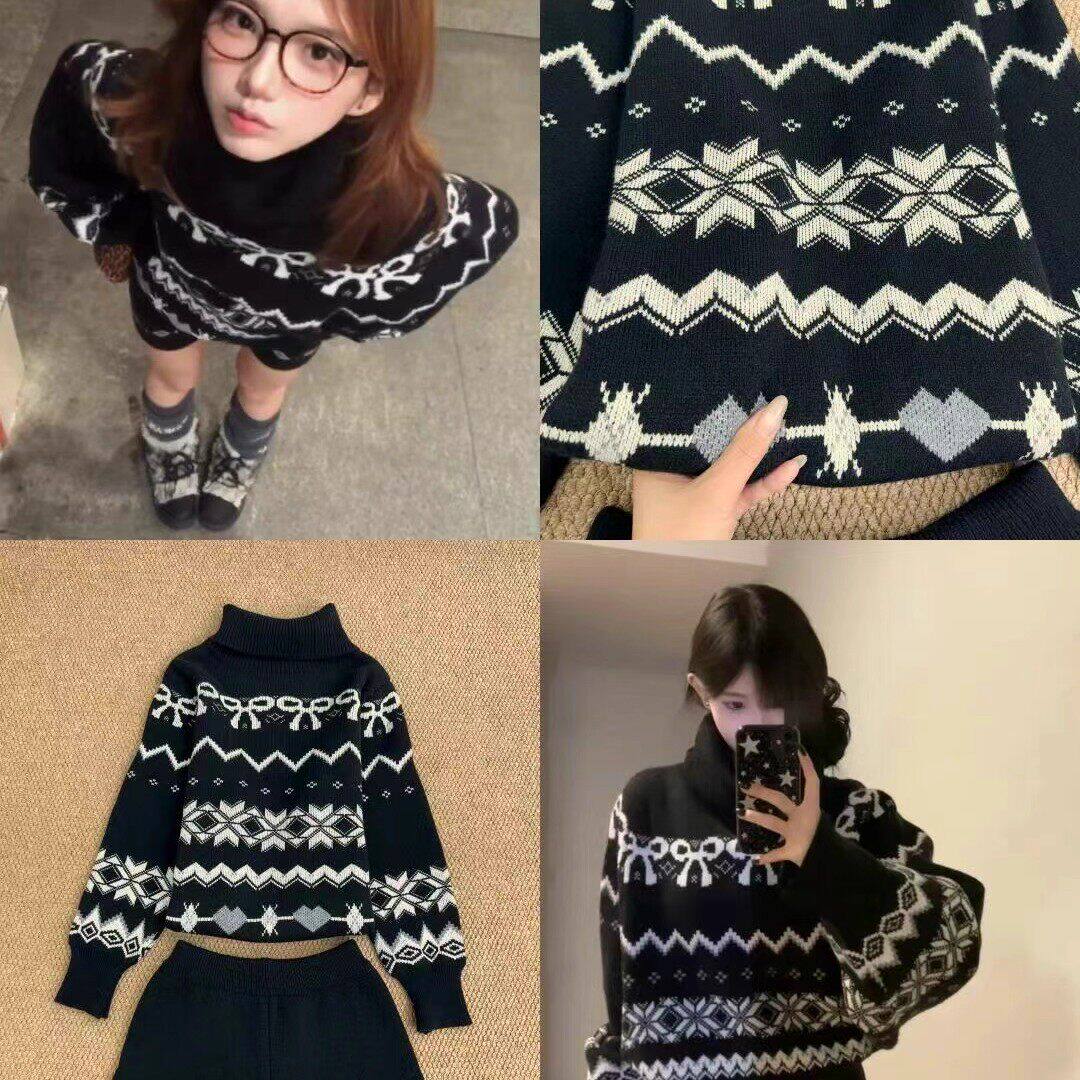 休闲套装女秋冬季巨好看黑色费尔岛高领针织衫毛衣外套短裤两件套