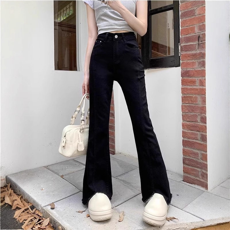 黑色微喇牛仔裤女春季新款高腰显瘦显高小个子遮胯窄版马蹄喇叭裤