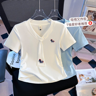 韩系正肩V领短袖T恤女夏季设计感小众修身显瘦刺绣飘带短款上衣潮
