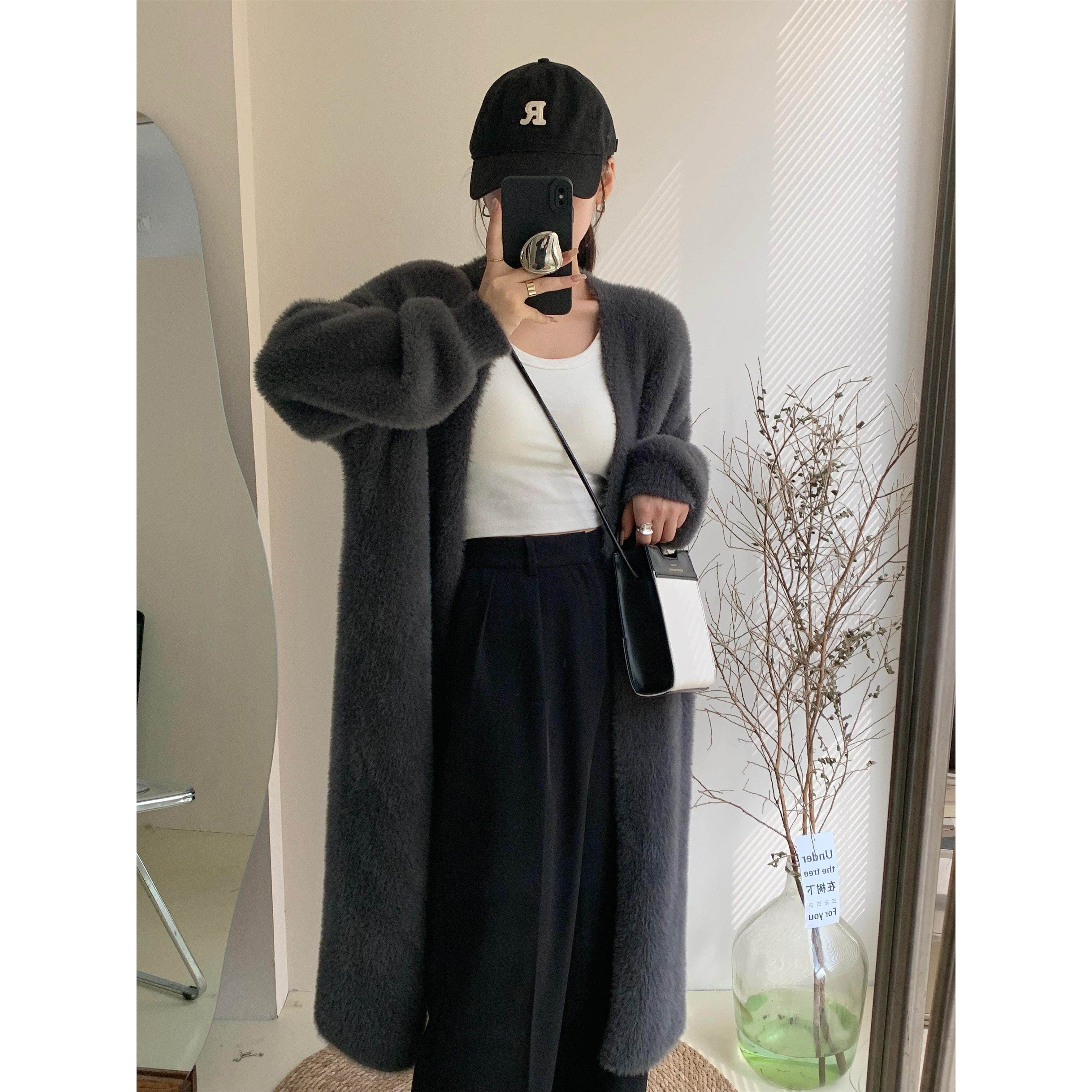 慵懒风中长款过膝水貂绒毛衣外套女宽松秋冬复古别致针织开衫大衣