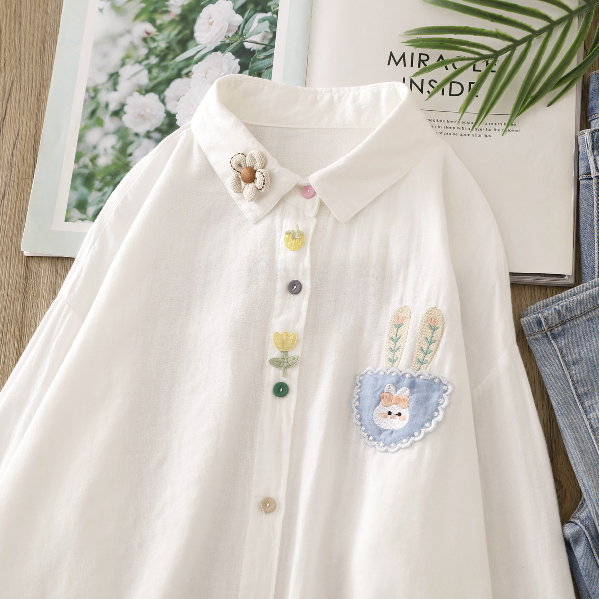 卡通兔子刺绣口袋翻领长袖衬衫春季新款文艺百搭双层棉纱彩扣上衣,女装/女士精品,衬衫,淘宝优惠券,粉丝福利购,淘宝优惠卷