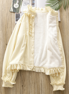 冬季加绒加厚奶黄色宫廷风荷叶边立领衬衫复古灯笼袖打底衫娃娃衫