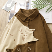 上衣小衫 polo翻领撞色宽松版 衬衫 文艺减龄童趣卡通猫咪灯芯绒长袖