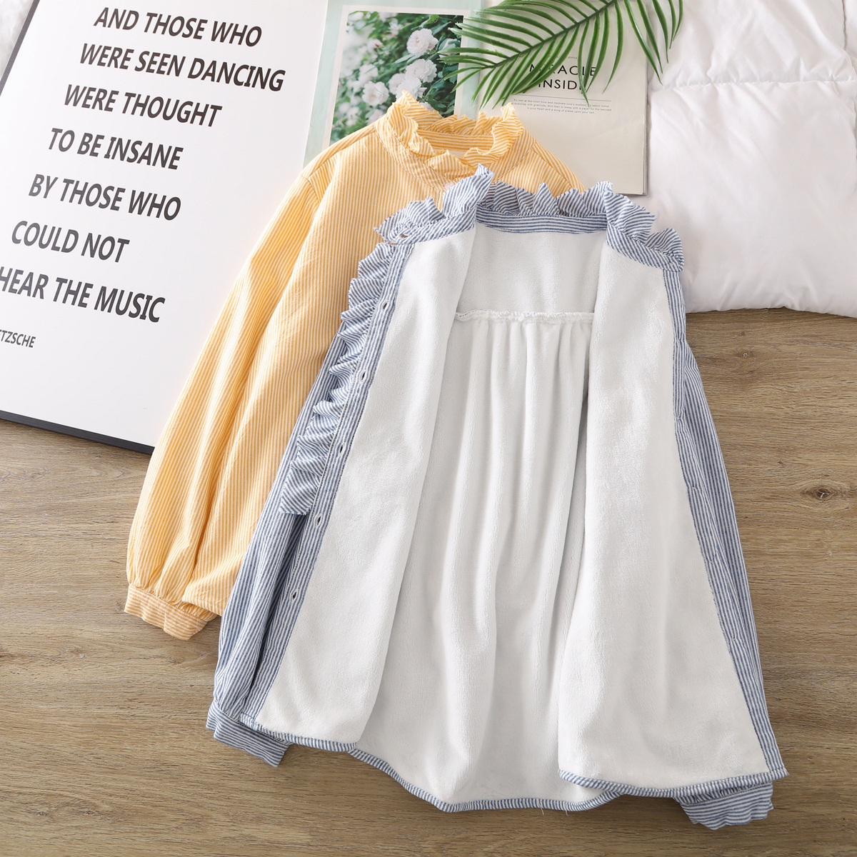 条纹加绒长袖衬衫2024文艺复古简约木耳花边立领拼接宽松百搭上衣