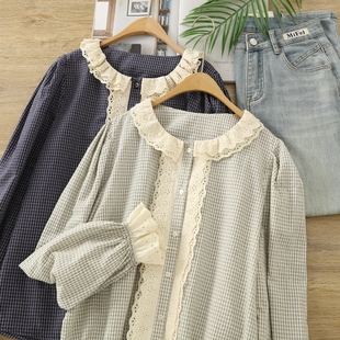 女撞色木耳花边圆领甜美娃娃衫 纯棉格子衬衫 秋 复古宫廷风长袖 法式