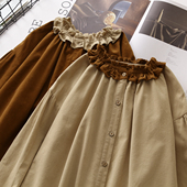 ins风甜美宽松娃娃衫 日系森女棉麻木耳边拼色衬衫 女2023早春新款